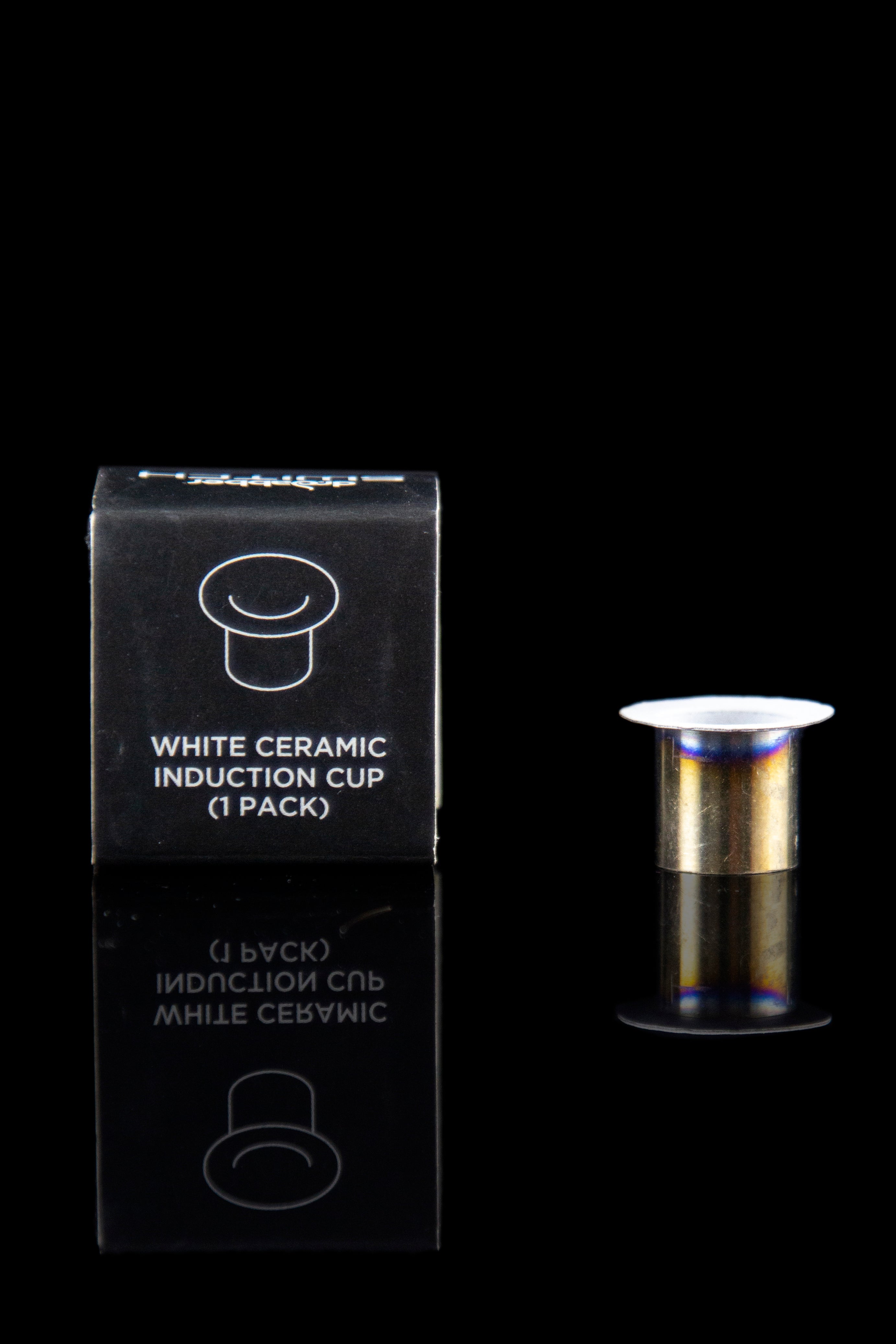 White ceramic induction cup for cannabis concentrates with packaging.