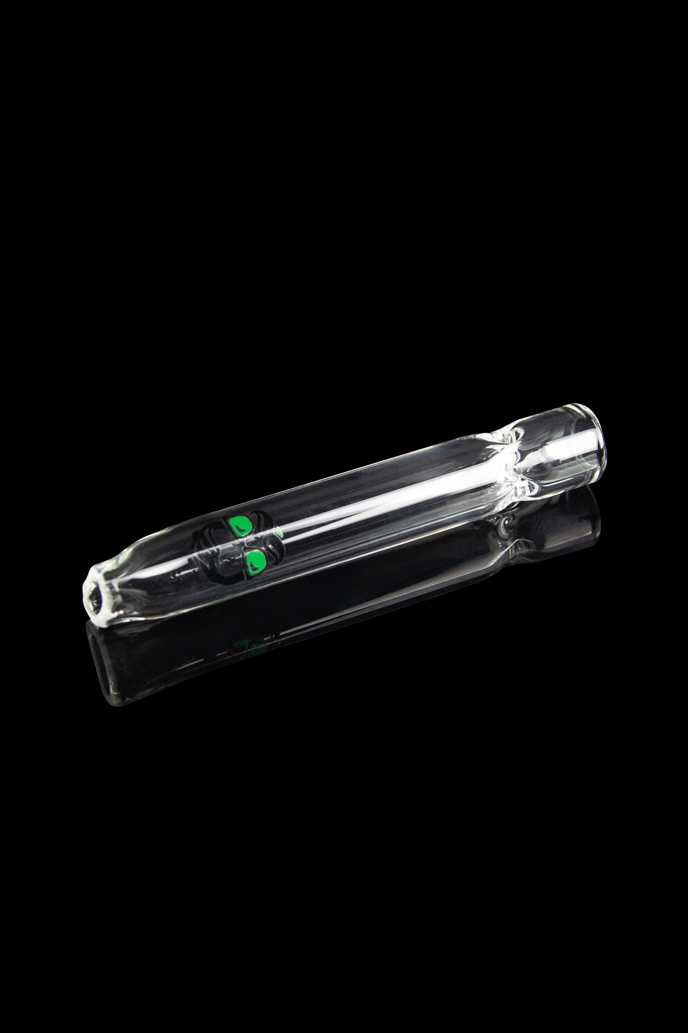 Clear glass bubbler pipe with green accents, isolated on a black background.