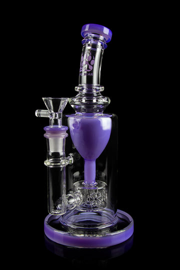 Purple and clear glass water pipe (bong) with intricate bubbler design. - Calibear "Sundae Stack" Torus Recycler Water Pipe
