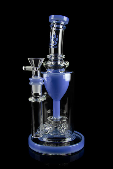Blue glass water pipe (bong) with intricate bubbler design and glass bowl. - Calibear "Sundae Stack" Torus Recycler Water Pipe