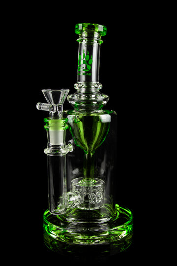 Green glass water pipe (bong) with percolators, isolated on a black background. - Calibear "Sundae Stack" Torus Recycler Water Pipe