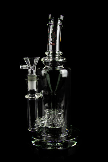 Clear glass water pipe (bong) with intricate percolators and a removable bowl, isolated on a black background. - Calibear "Sundae Stack" Torus Recycler Water Pipe