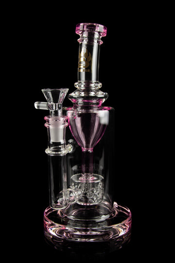 Pink glass water pipe (bong) with intricate percolator and bowl piece against a black background. - Calibear "Sundae Stack" Torus Recycler Water Pipe