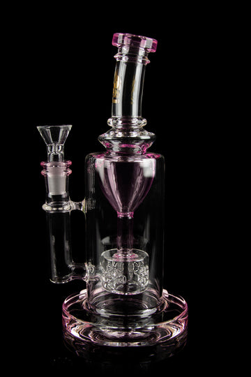 Pink glass water pipe (bong) with intricate percolators, displayed against a black background. - Calibear "Sundae Stack" Torus Recycler Water Pipe
