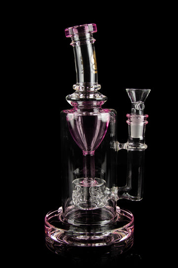 Pink glass water pipe (rig) with intricate bubbler design, isolated on a black background. - Calibear "Sundae Stack" Torus Recycler Water Pipe