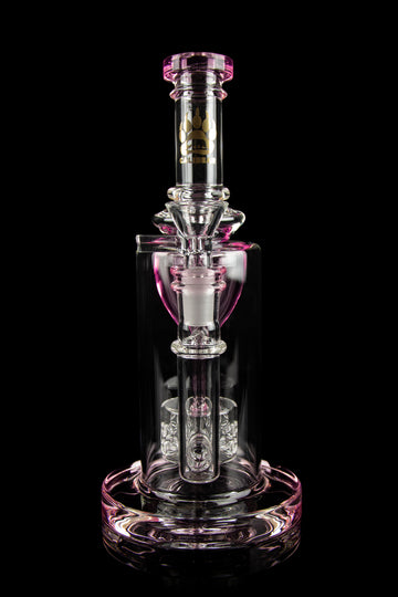 Pink glass water pipe (rig) with intricate percolators, isolated on a black background. - Calibear "Sundae Stack" Torus Recycler Water Pipe