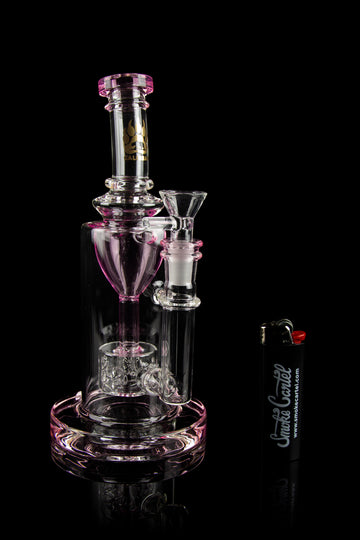 Pink glass water pipe (rig) with intricate detailing and a glass bowl, isolated on a black background. - Calibear "Sundae Stack" Torus Recycler Water Pipe