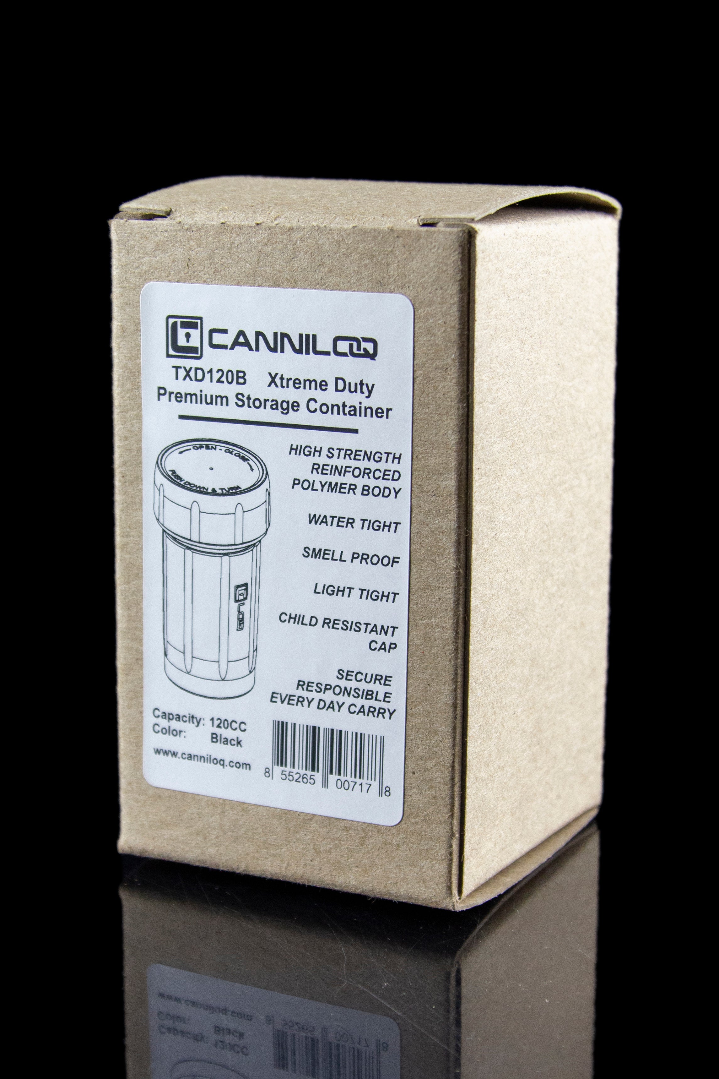 Product packaging for a Canniloq TXD120B Xtreme Duty Premium Storage Container, highlighting features like child resistance, smell proofing, and light tightness.