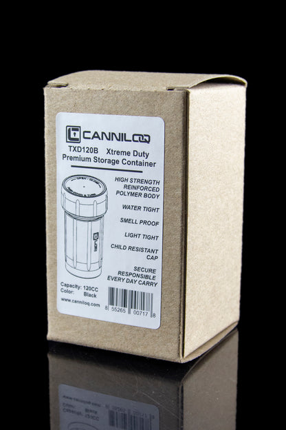 Product packaging for a Canniloq TXD120B Xtreme Duty Premium Storage Container, highlighting features like child resistance, smell proofing, and light tightness.