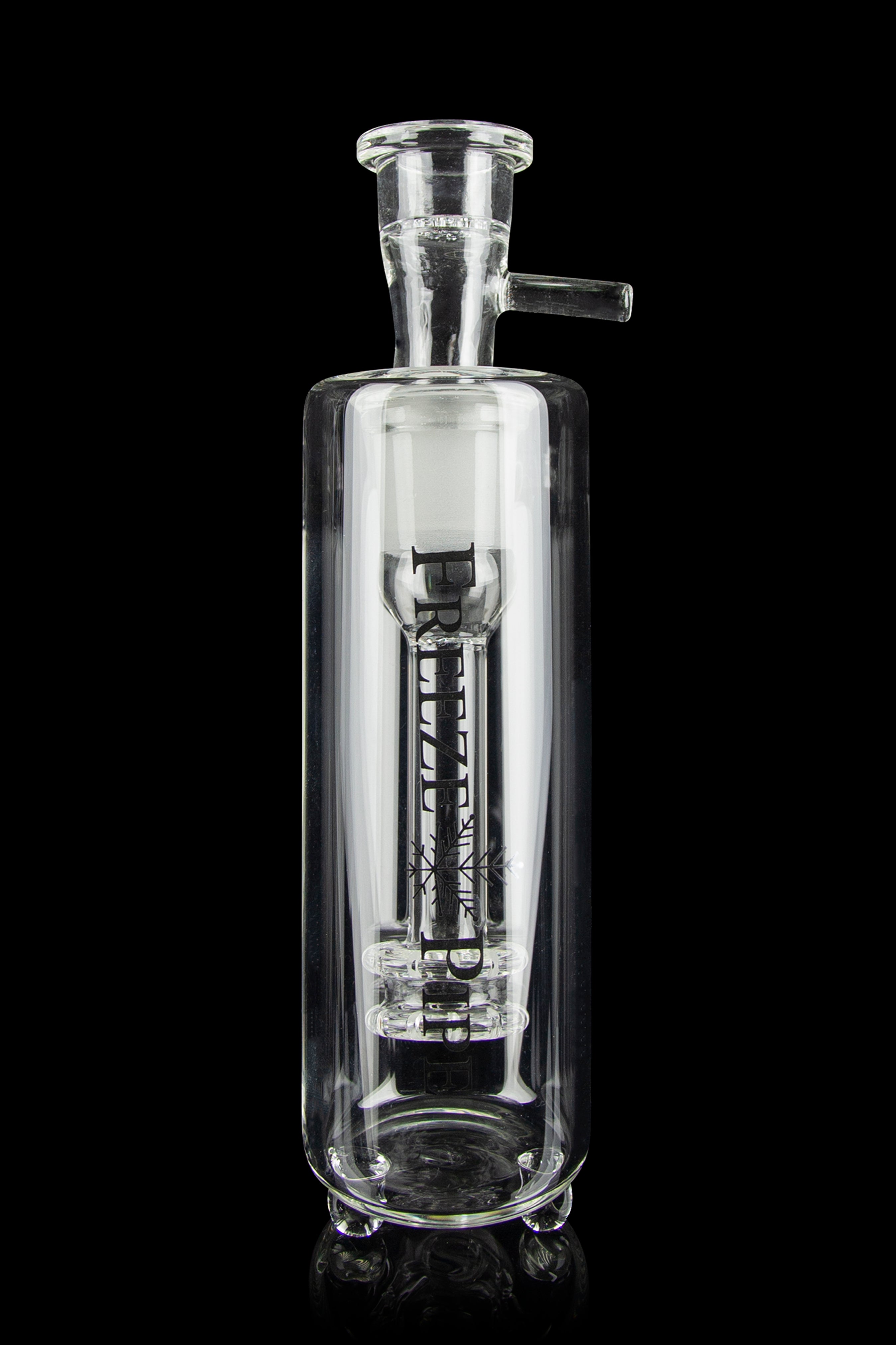 Clear glass bubbler with etched logo and percolator, isolated on a black background.
