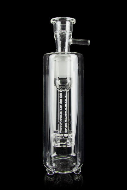 Clear glass bubbler with etched logo and percolator, isolated on a black background.