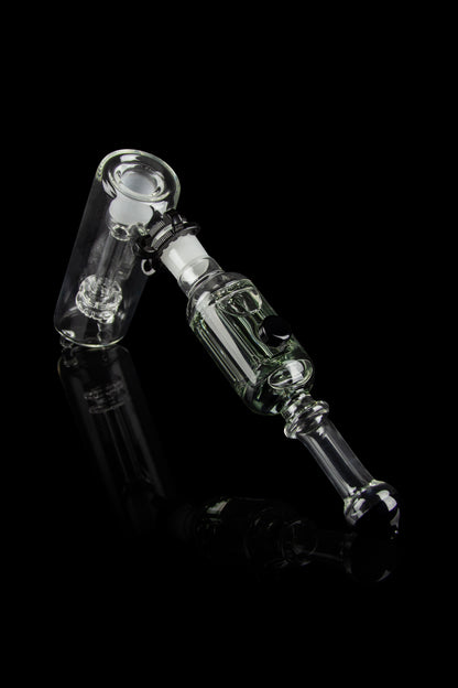 Clear glass oil rig with percolator, isolated on black.