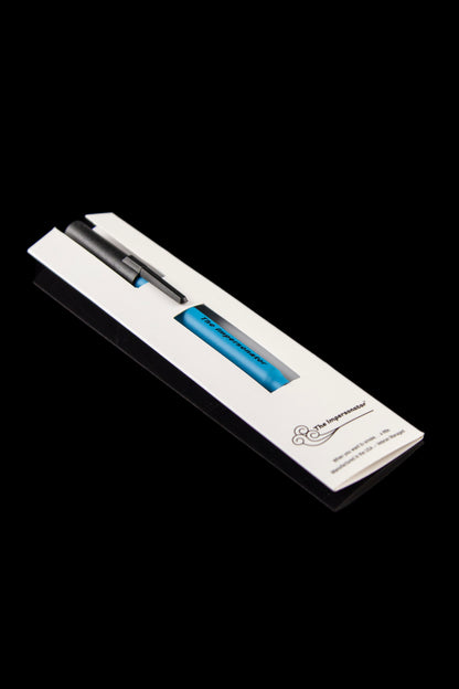 Sleek black and blue one-hitter pipe in a protective case.