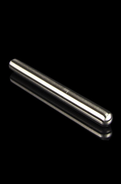Sleek metallic one-hitter pipe with reflective surface, isolated on black.