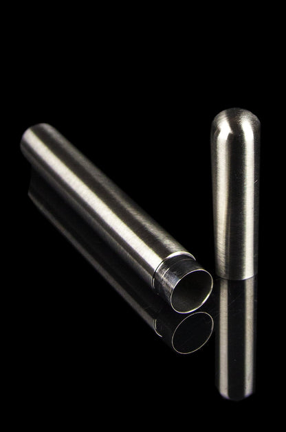 Sleek, metallic one-hitter pipe and accompanying storage tube on a black background.