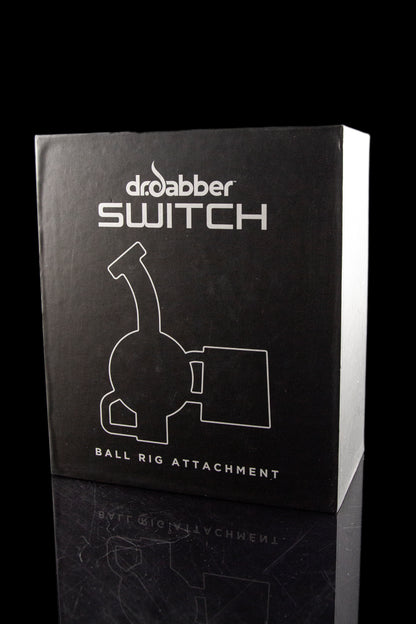 Black box for a “droabber Switch” cannabis oil rig attachment, featuring a white line drawing of the device.