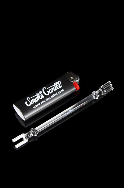 Glass bubbler pipes and a branded lighter on a black background.