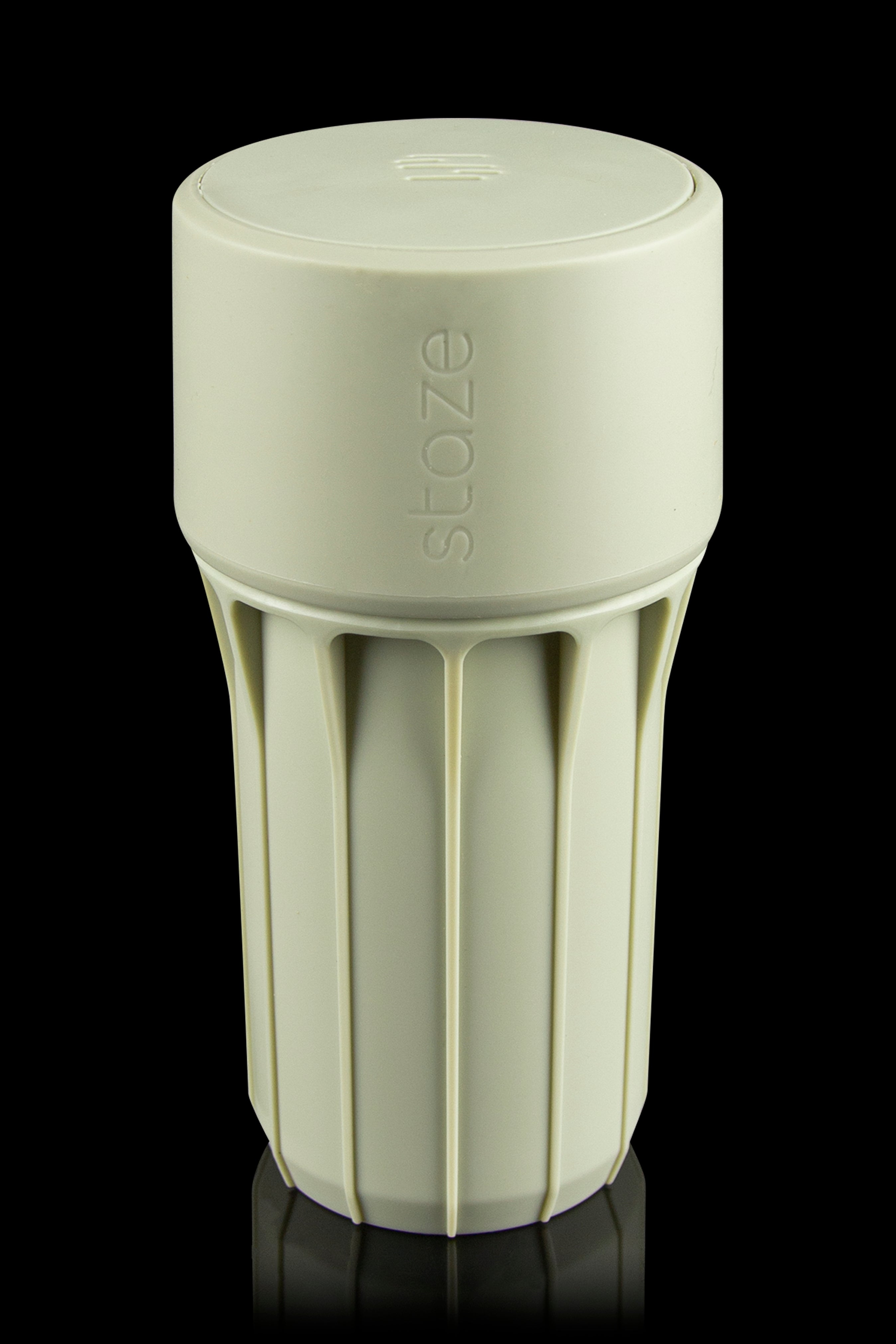 Olive green Stoze cannabis container with a textured grip and airtight lid.
