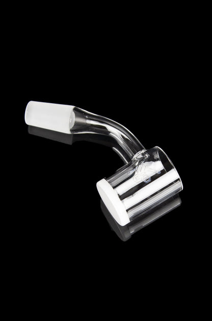 Clear quartz dab nail with angled tip and vapor path, isolated on black.