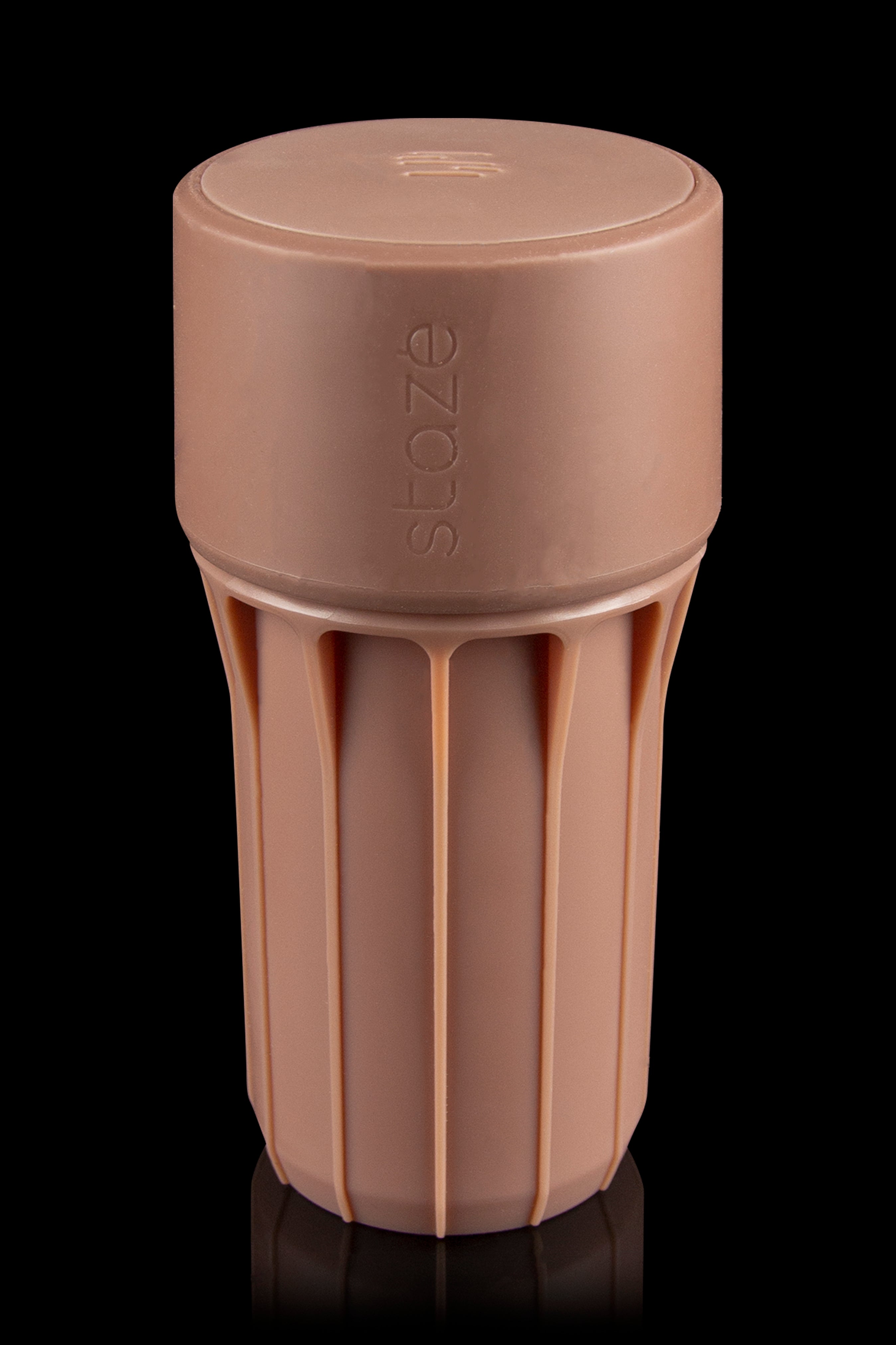 Silicone cannabis container with embossed logo, studio shot."