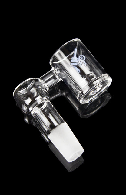 Clear glass dab rig with intricate percolator design, isolated on a black background.