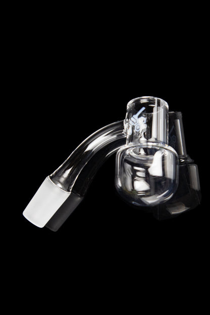 Clear glass dab rig attachment with intricate internal diffusion chambers, isolated on a black background.