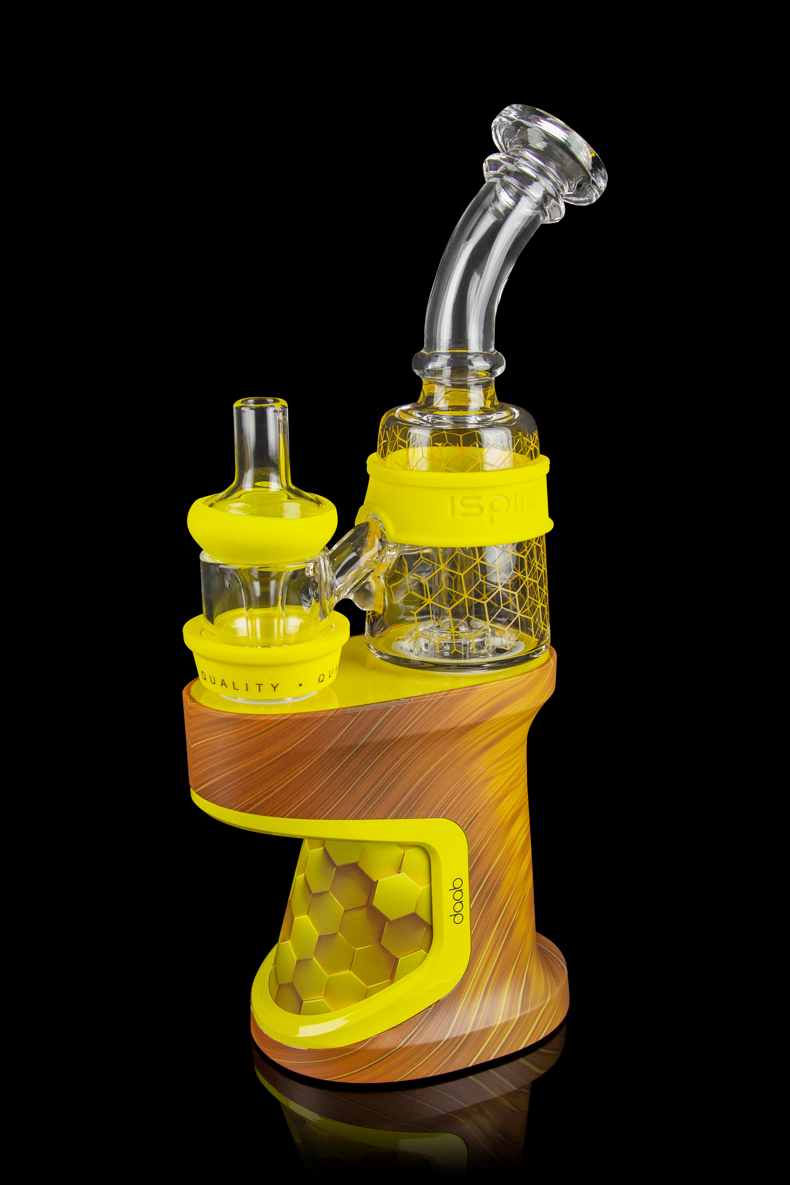 Electric dab rig with a glass bubbler, featuring a woodgrain base and yellow accents.