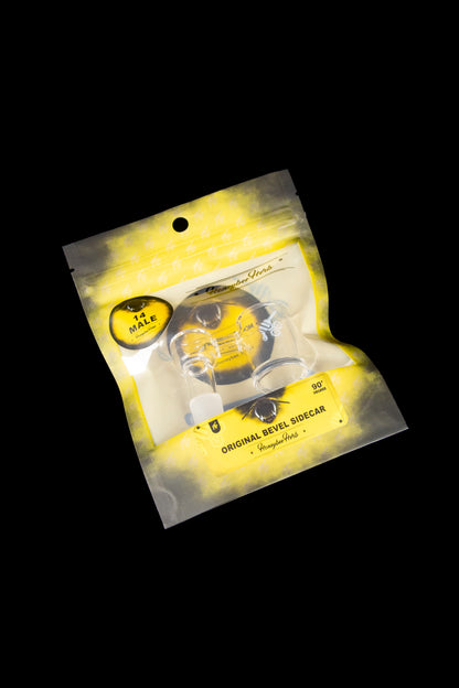 Clear plastic pouch containing a glass cannabis water pipe (“sidcar”) with yellow labeling.