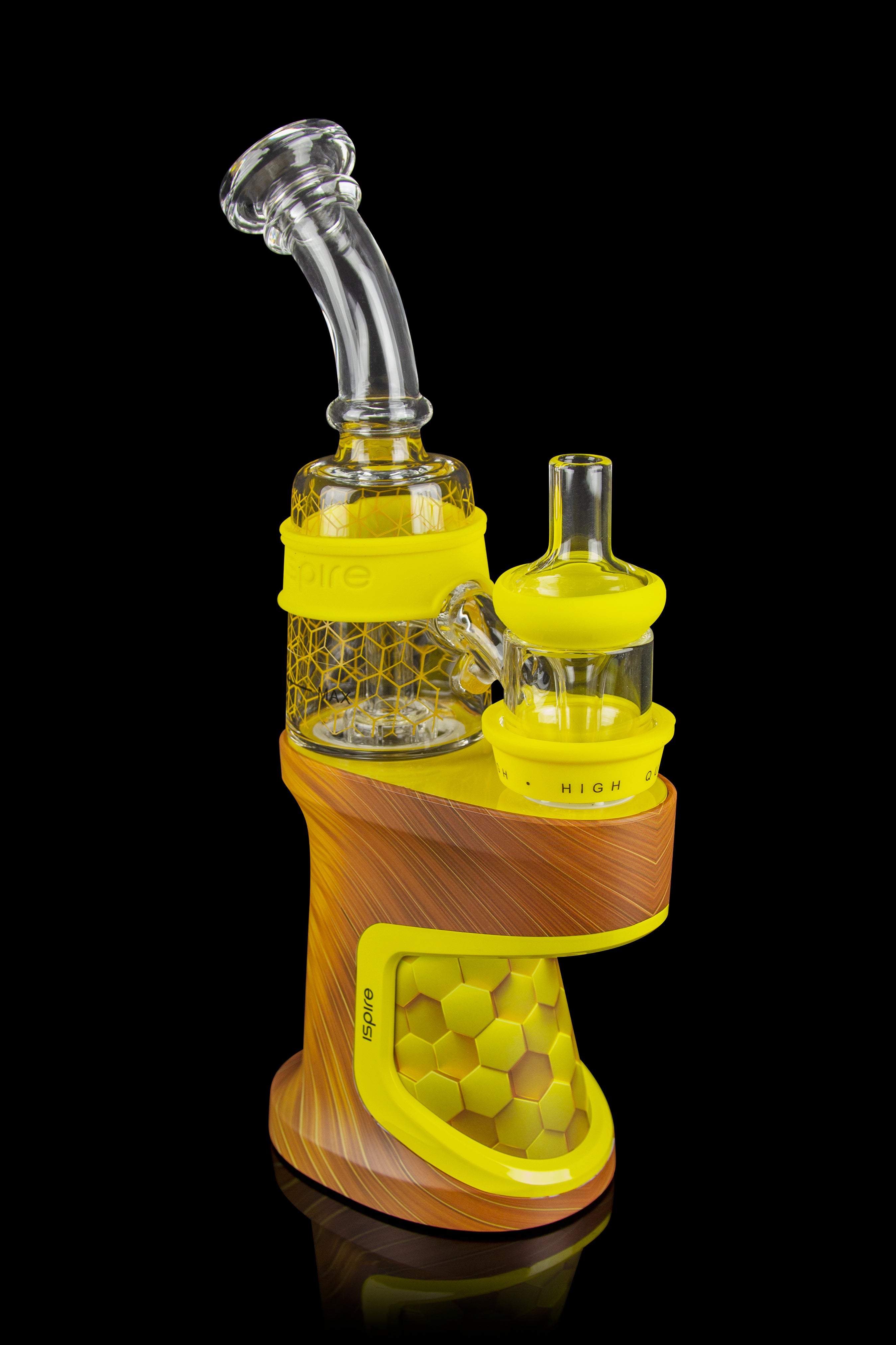 Orange electronic dab rig with glass bubbler and heating element, isolated on a black background.