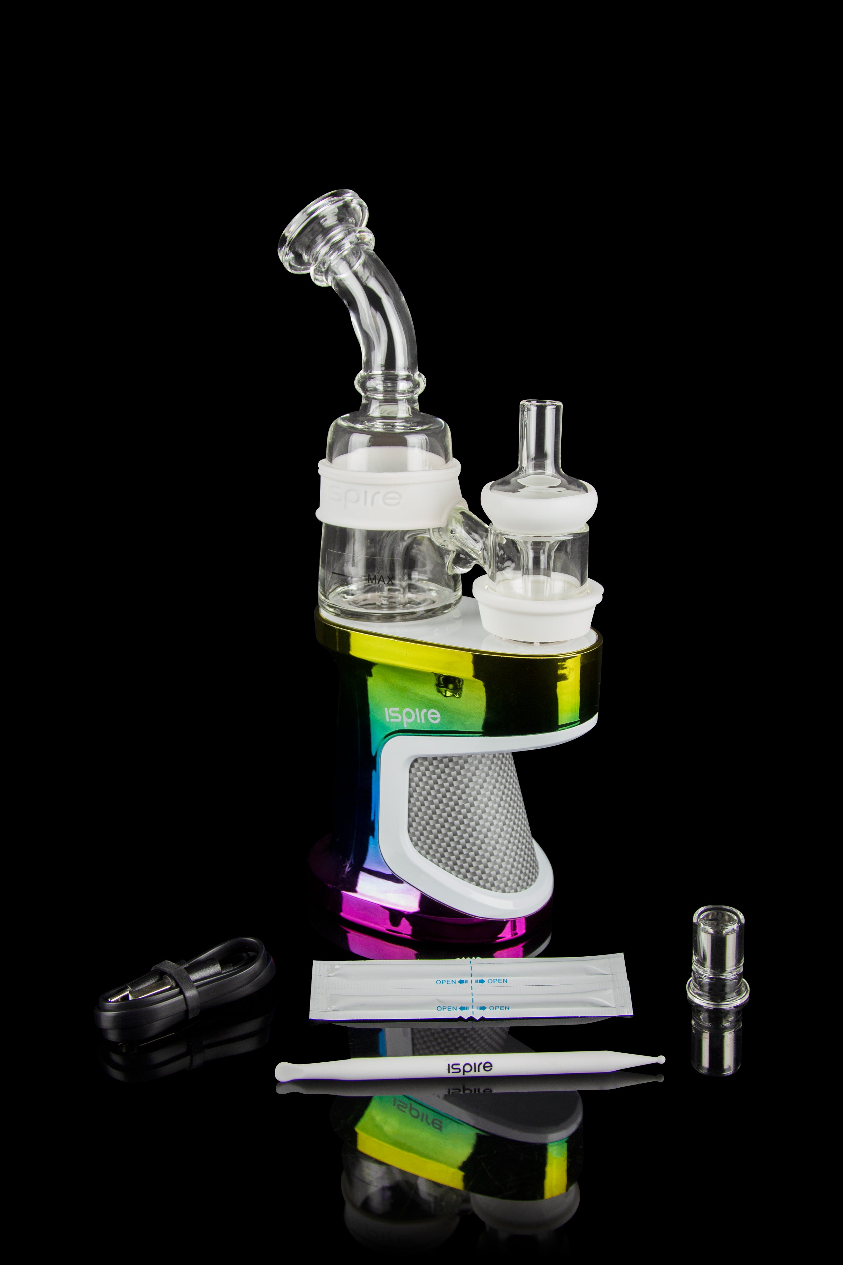 Cannabis dab rig kit with glass water pipe, electronic dab nail, quartz inserts, and tools on a reflective black surface.