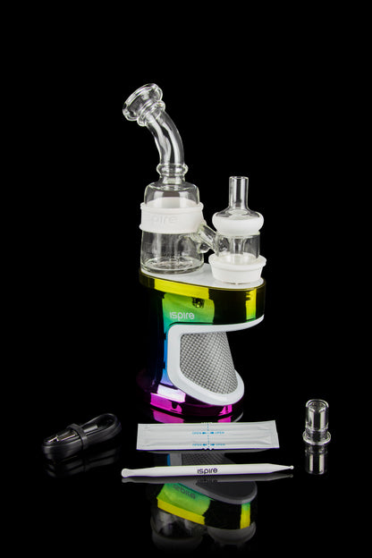 Cannabis dab rig kit with glass water pipe, electronic dab nail, quartz inserts, and tools on a reflective black surface.
