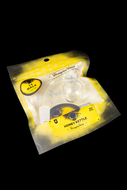 Mylar bag for cannabis concentrates with branding for "Honeybee Herbs" and "Honey Kettle" featuring a bee illustration.