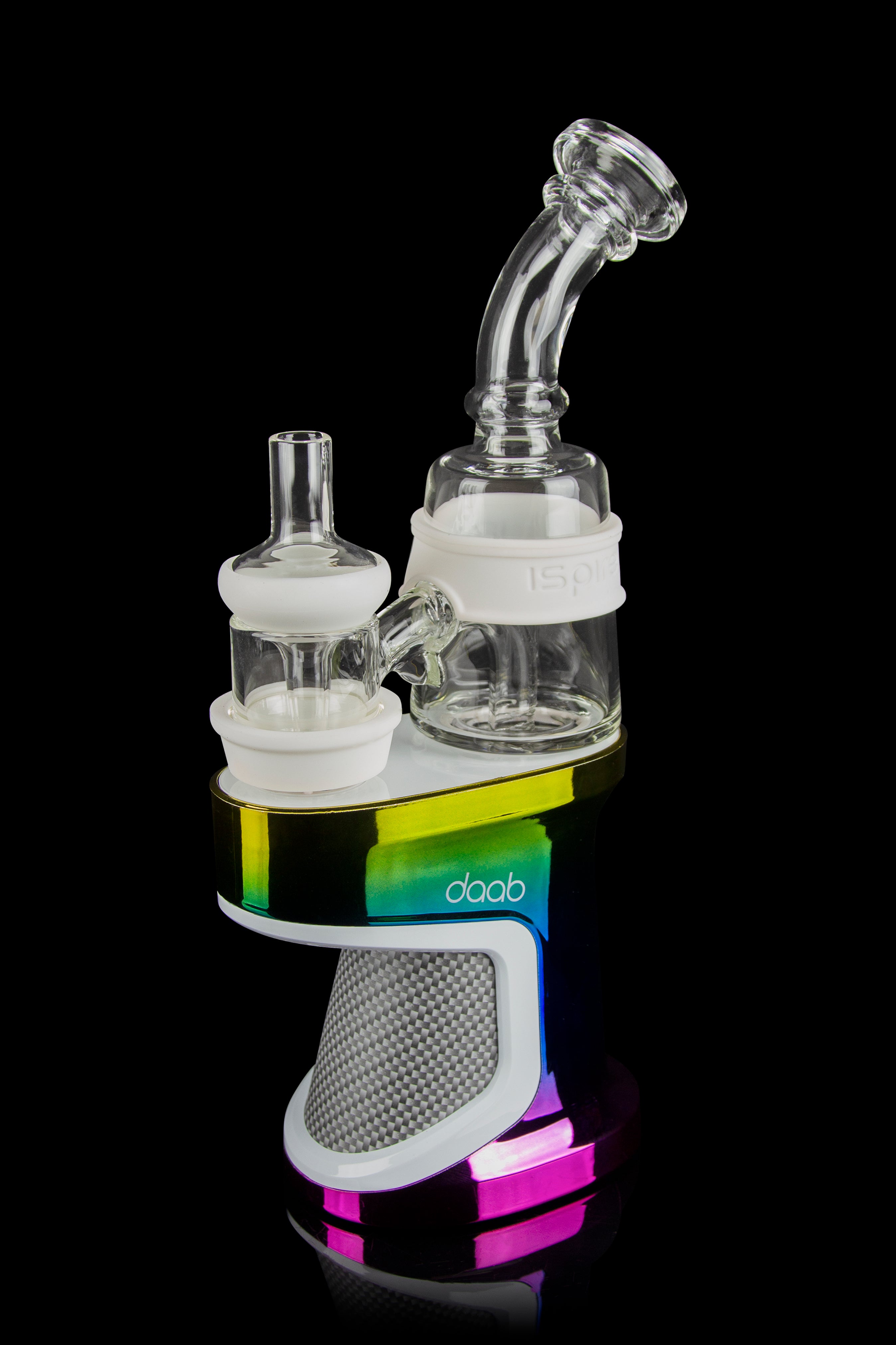 A Daab rig with a glass bubbler and quartz insert, displayed on a colorful reflective base.