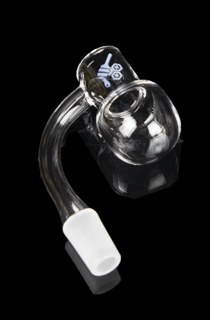 Clear glass dab rig with a white mouthpiece, isolated on a black background.