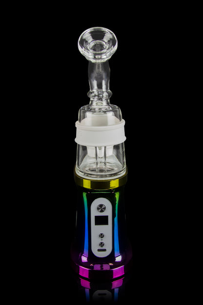Electric dab rig with glass bubbler, displaying a digital temperature control interface.