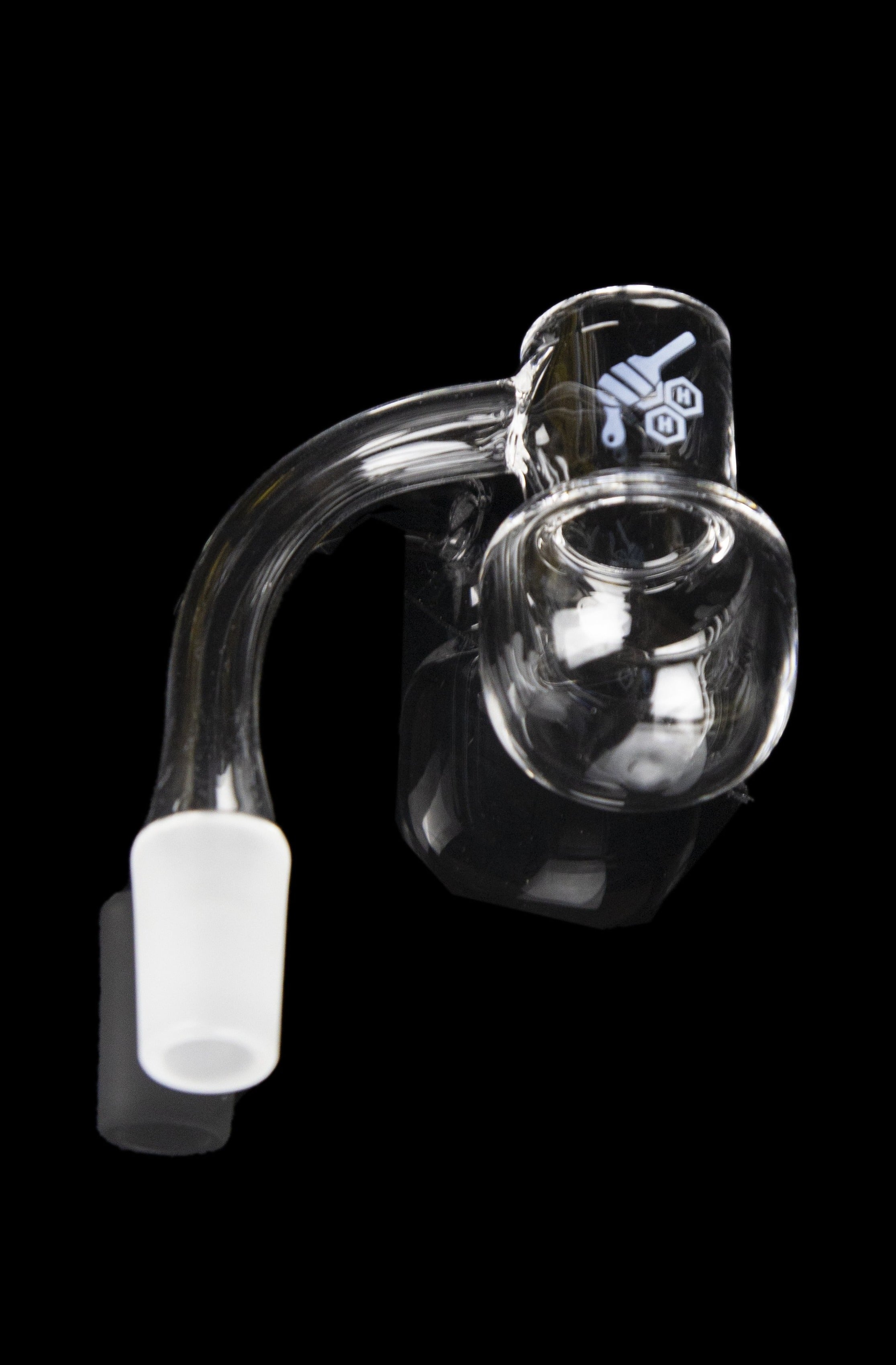 Clear glass dab rig with a bent neck and bubble-shaped collection chamber.