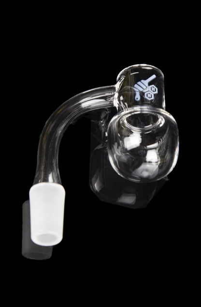Clear glass dab rig with a bent neck and bubble-shaped collection chamber.