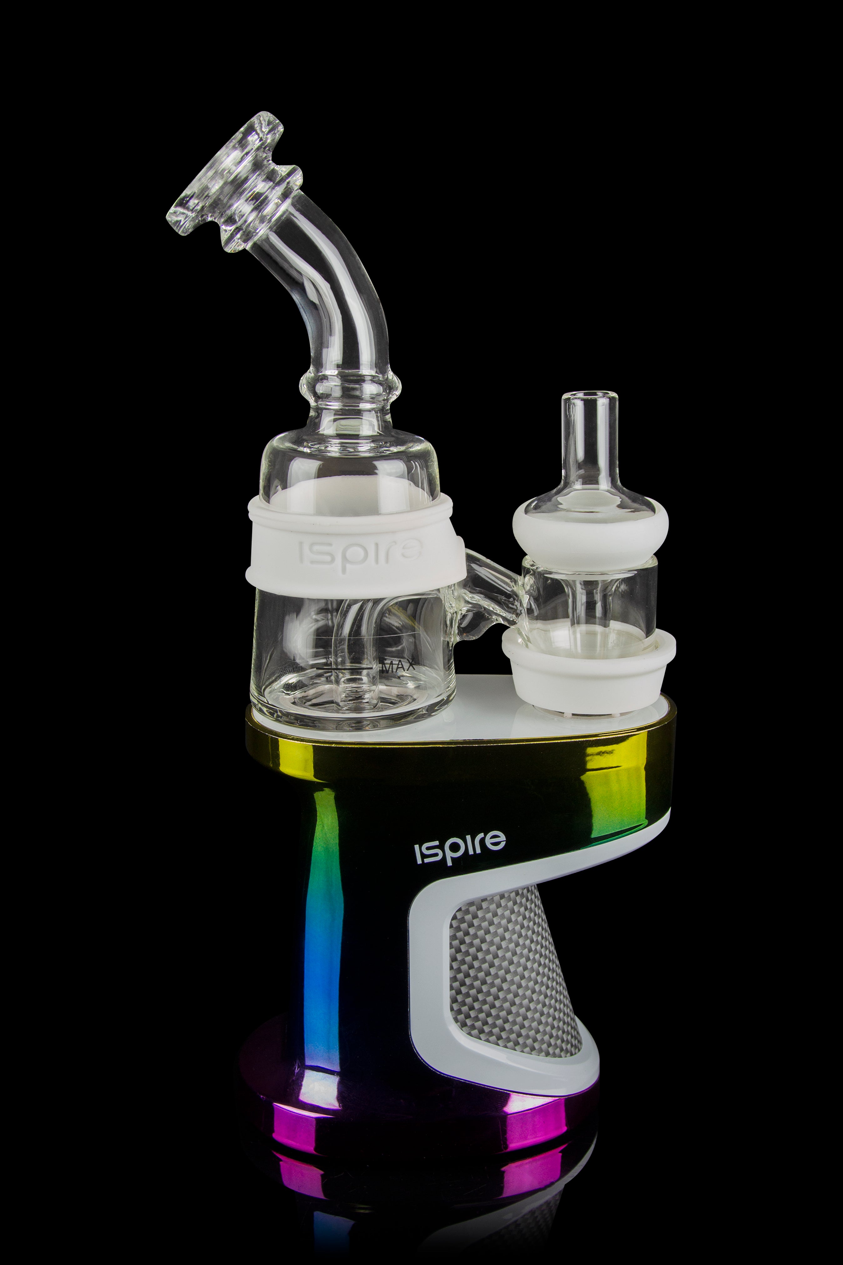 White glass rig with a bubbler and coil, atop a colorful, textured base.