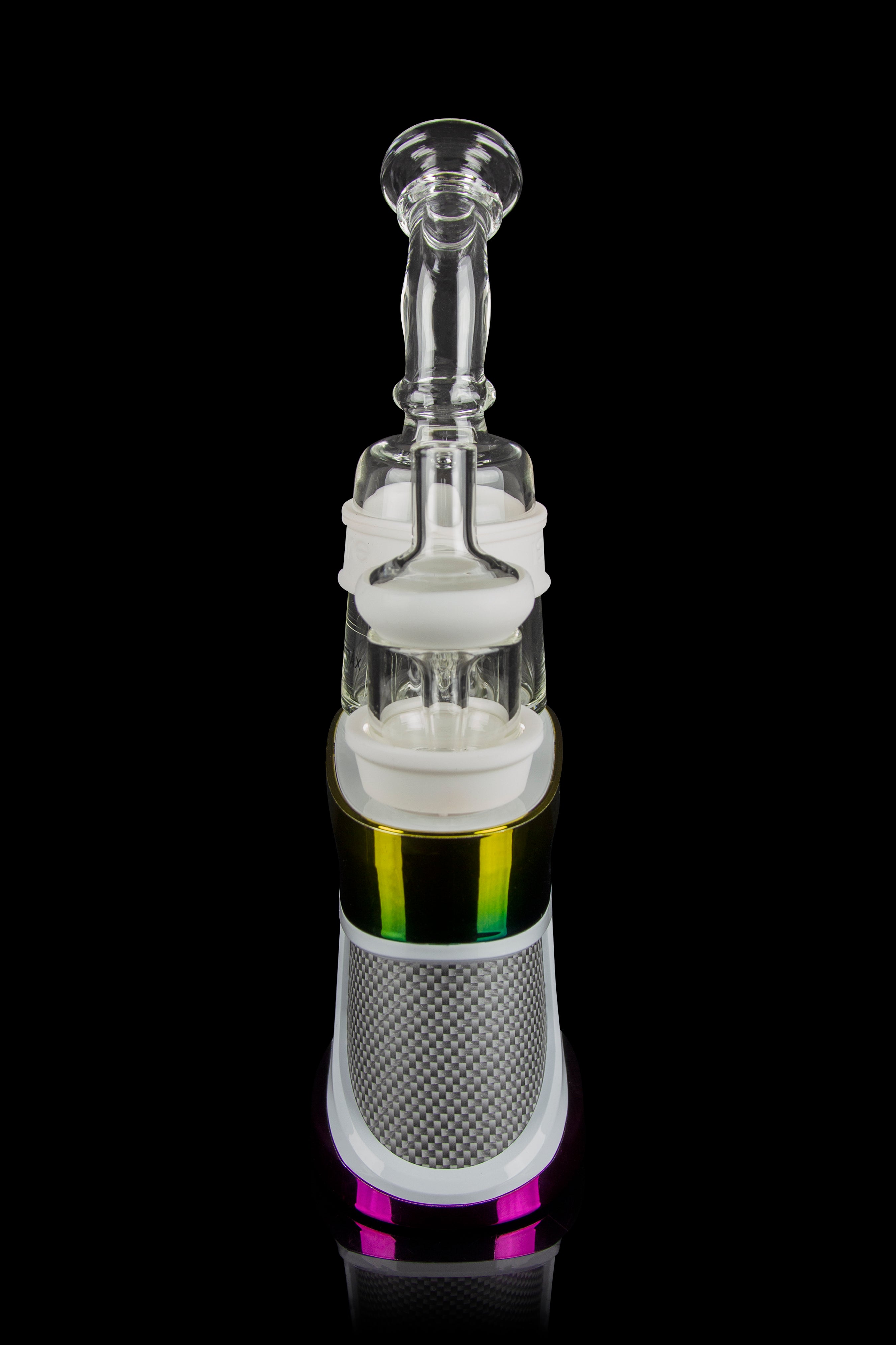 Glass dab rig with colorful accents and a metallic base, isolated on a black background.