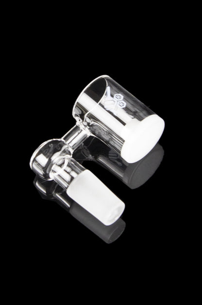 Clear glass dab rig with black accents, isolated on a black background.