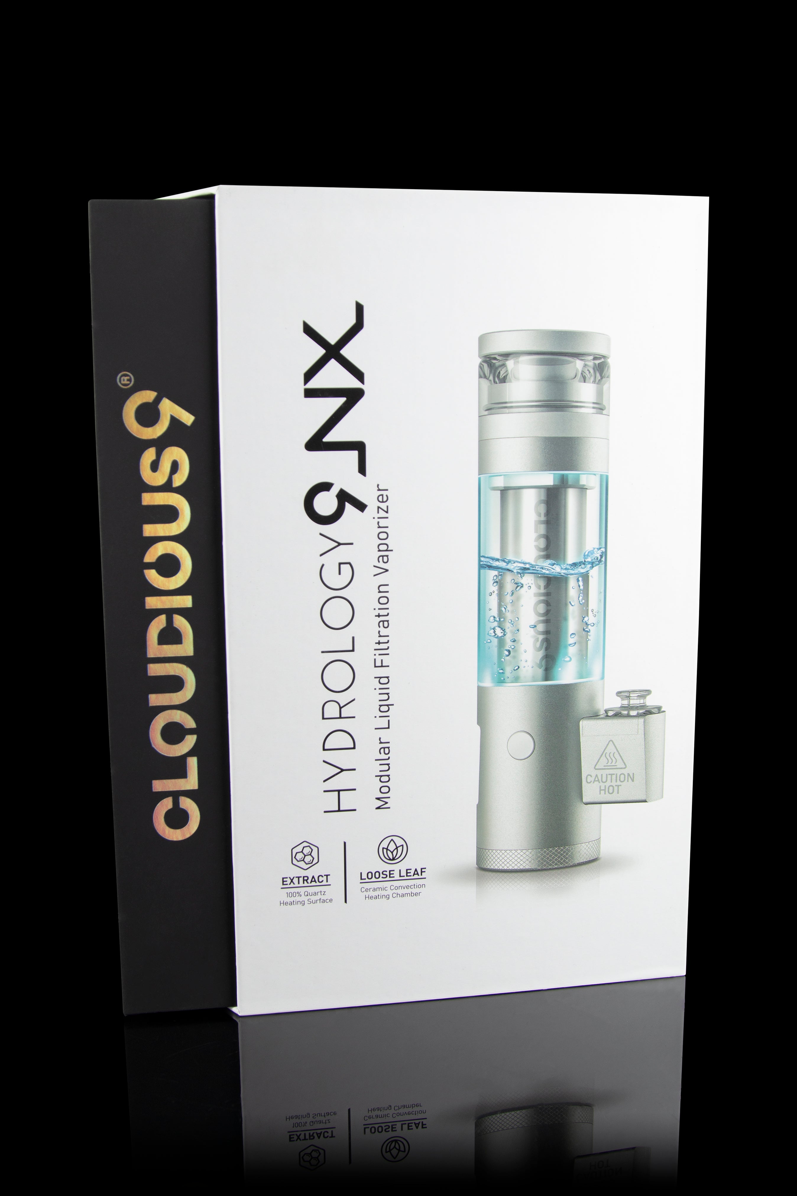 Product shot of a Cloudious9 Hydrology9 NX modular liquid vaporizer in its packaging.