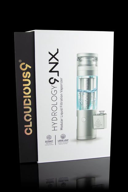 Product shot of a Cloudious9 Hydrology9 NX modular liquid vaporizer in its packaging.