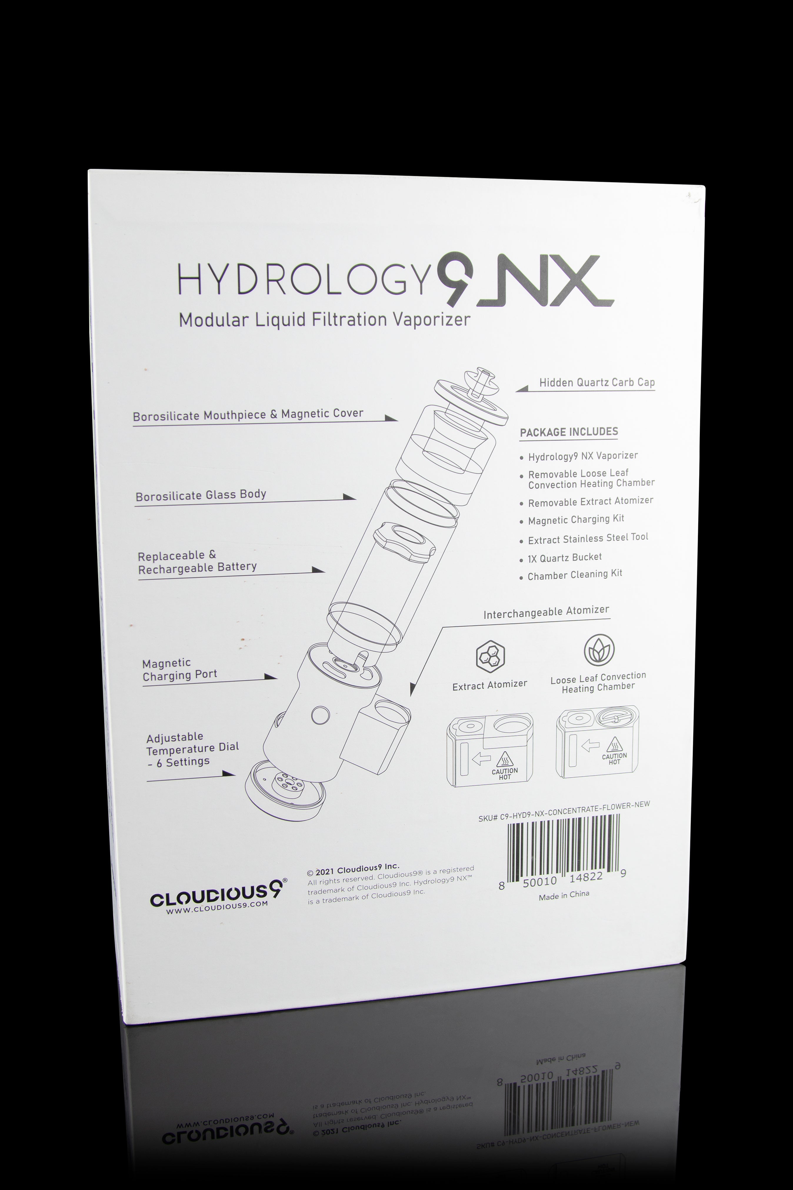 Product packaging for the Hydrology9 NX modular liquid filtration vaporizer, displaying a technical diagram of the device and its components.