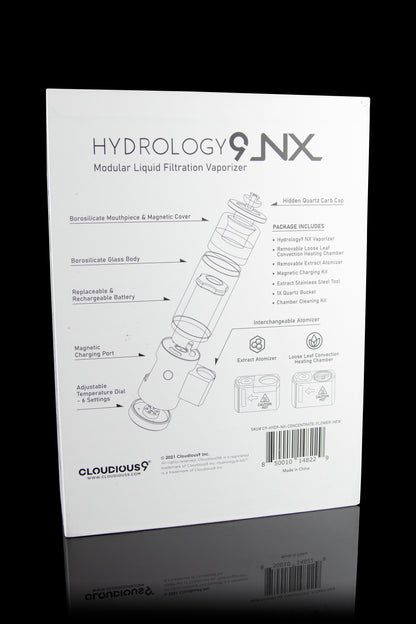Product packaging for the Hydrology9 NX modular liquid filtration vaporizer, displaying a technical diagram of the device and its components.