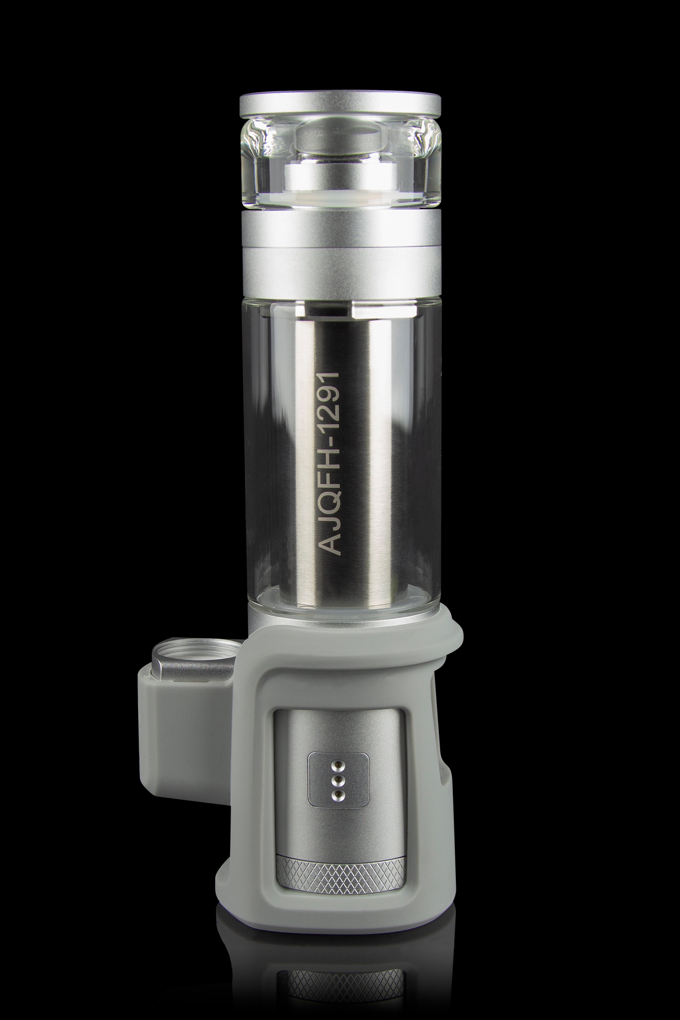 Silver cannabis oil vaporizer pen with a transparent tank, displaying “AJQFH-1291” vertically on its side, against a black background.