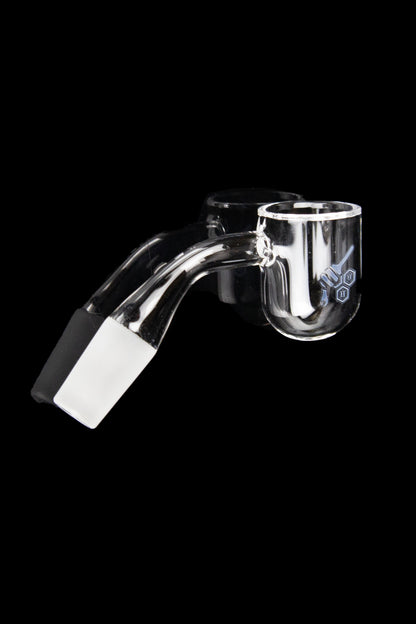 Clear quartz dab rig nail with angled tip and graphic detailing, isolated on black.