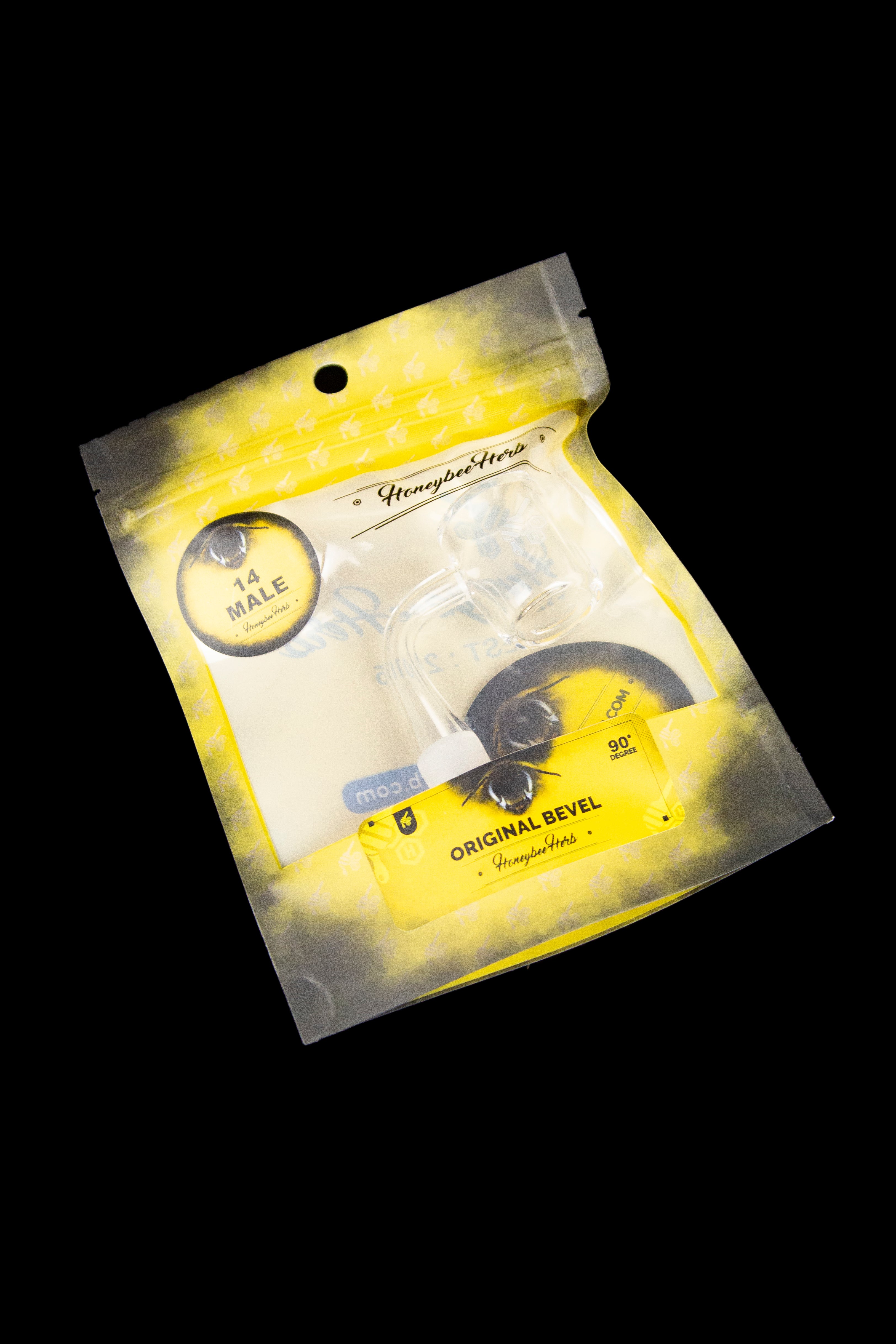 Retail bag of cannabis concentrate labeled “Honeybee Herbs” and “Original Bevel.”