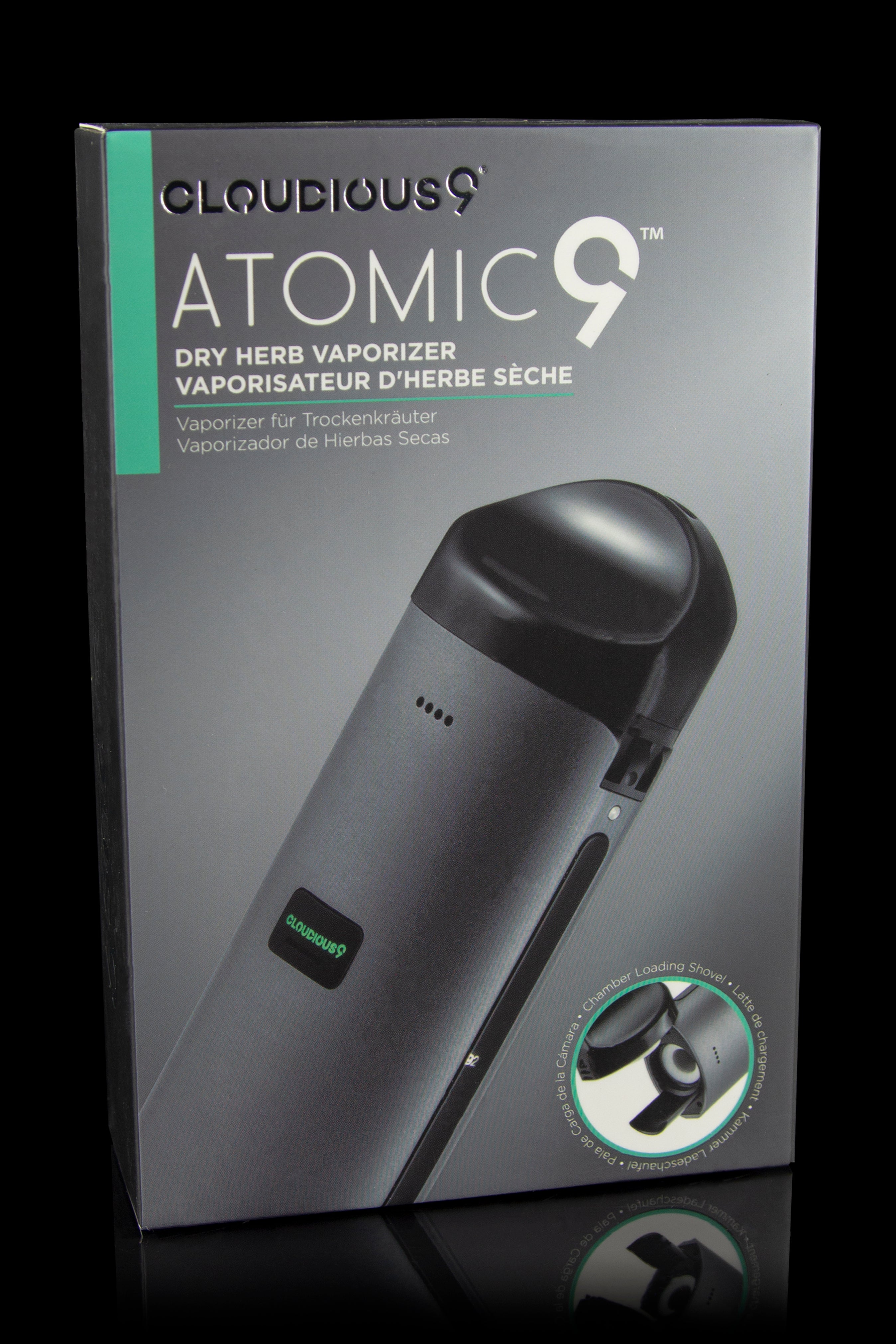 Black Cloudious9 Atomic9 dry herb vaporizer with packaging, showcasing its sleek design and labeled features.