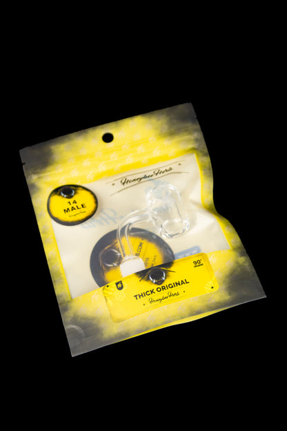 Yellow mylar bag containing a glass cannabis smoking piece, labeled "Honeybee Herb" and "Thick Original."