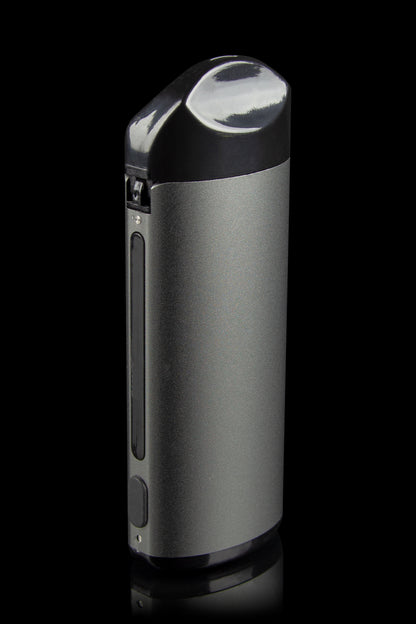 Sleek, gray cannabis vaporizer pen with a glossy black mouthpiece, studio shot against a black background.
